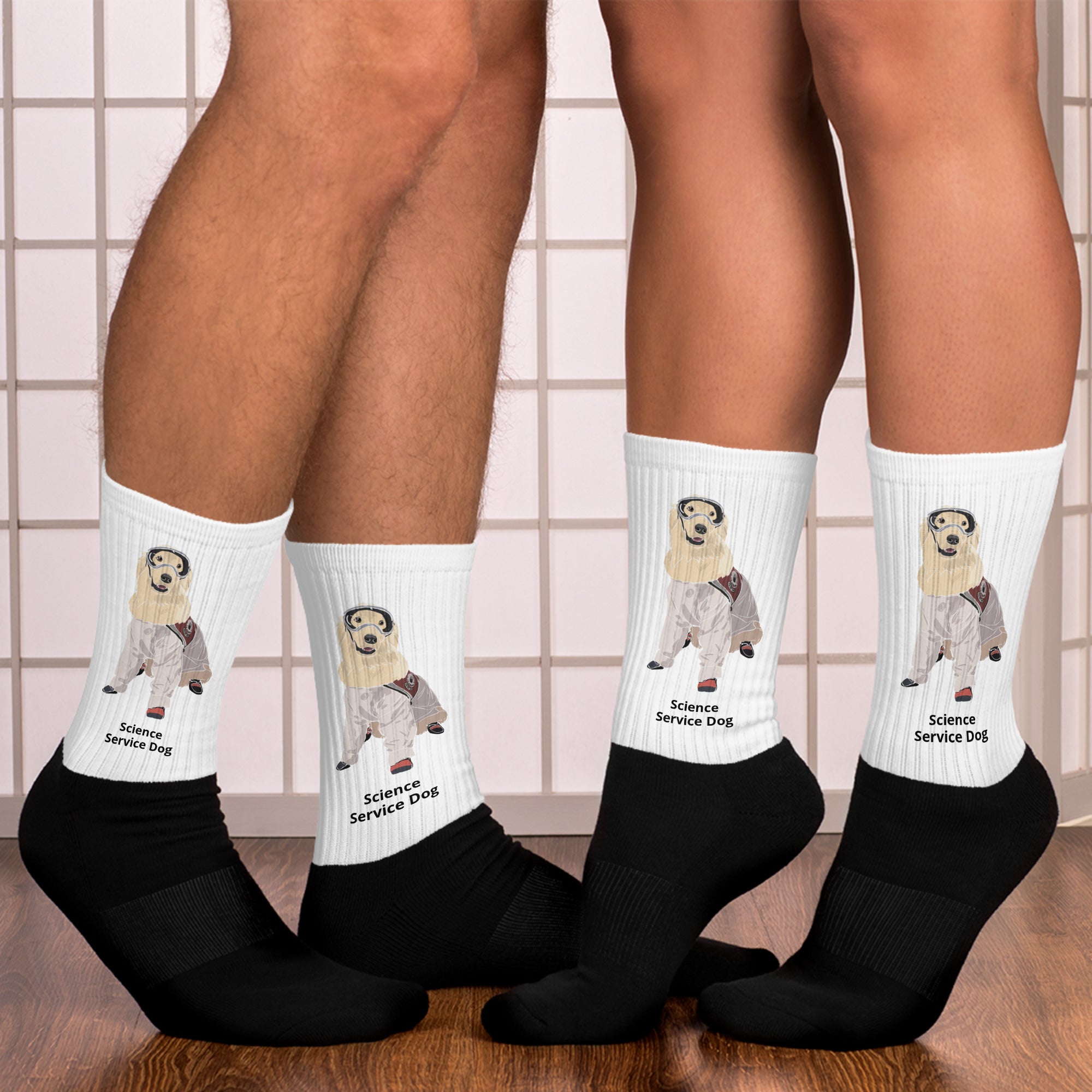 Two people from the knees down wearing socks that are white on the top and black on the bottom with a picture of Sampson wearing lab gear and the socks say, "Science Service Dog."