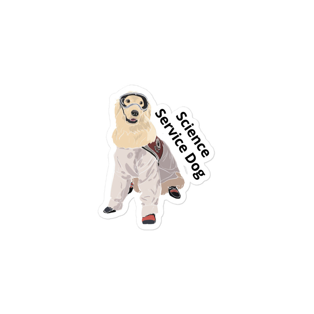 A cartoon of Sampson wearing lab gear and it says, "Science Service Dog."
