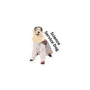 A cartoon of Sampson wearing lab gear and it says, "Science Service Dog."