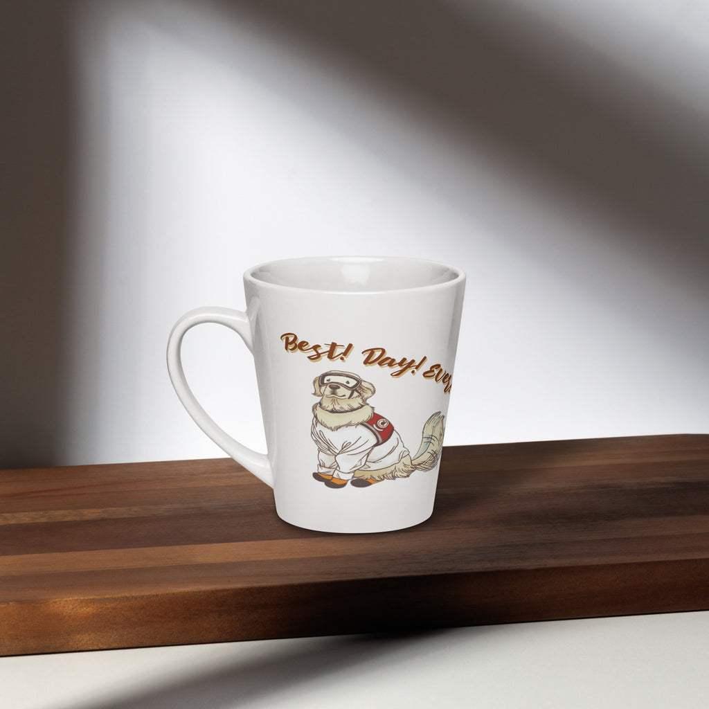 A white Latte mug with a cartoon drawing of Sampson wearing lab gear wagging his tail. It says, "best! Day! Ever!