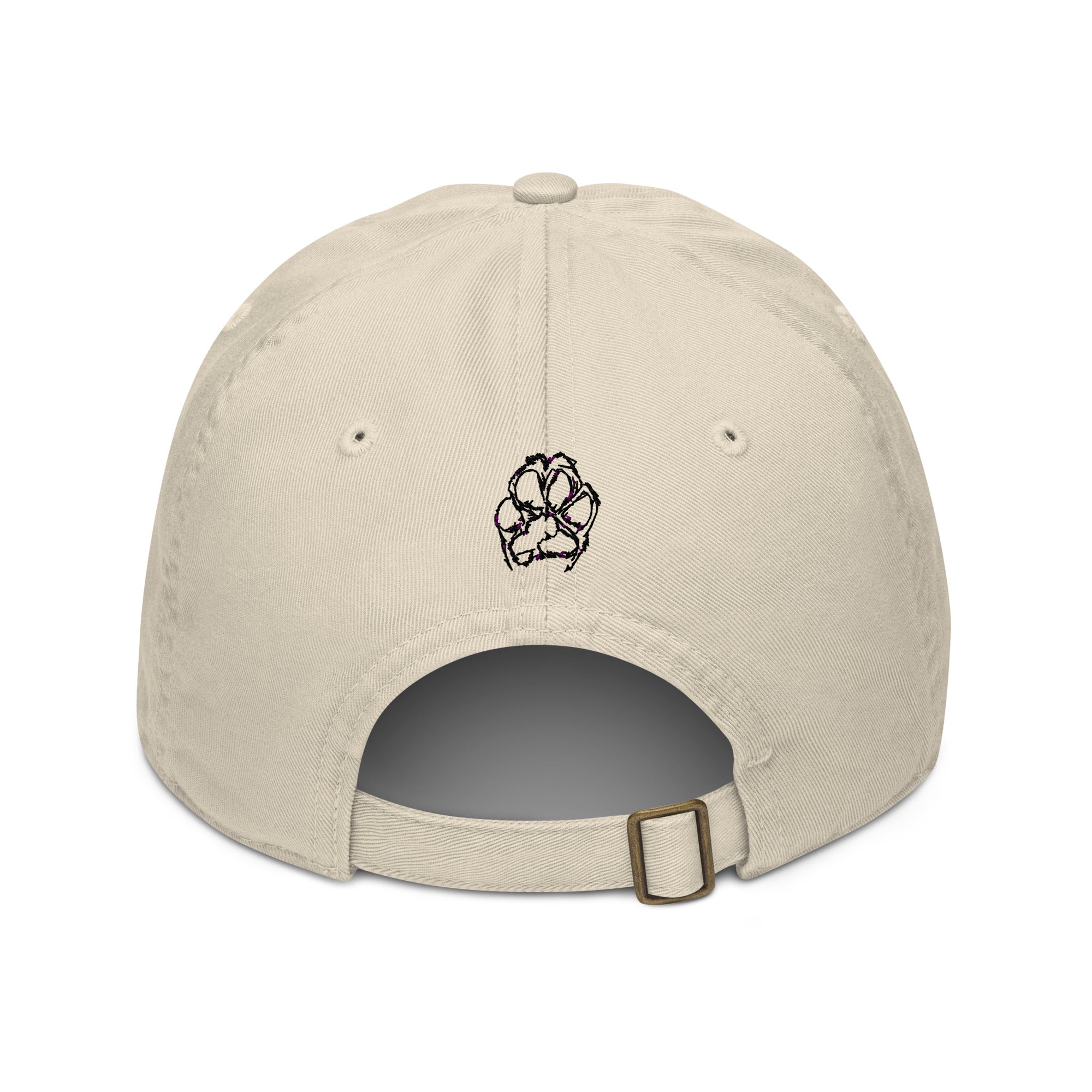 Back of the tan hat with embroidered Sampson's paw print.  
