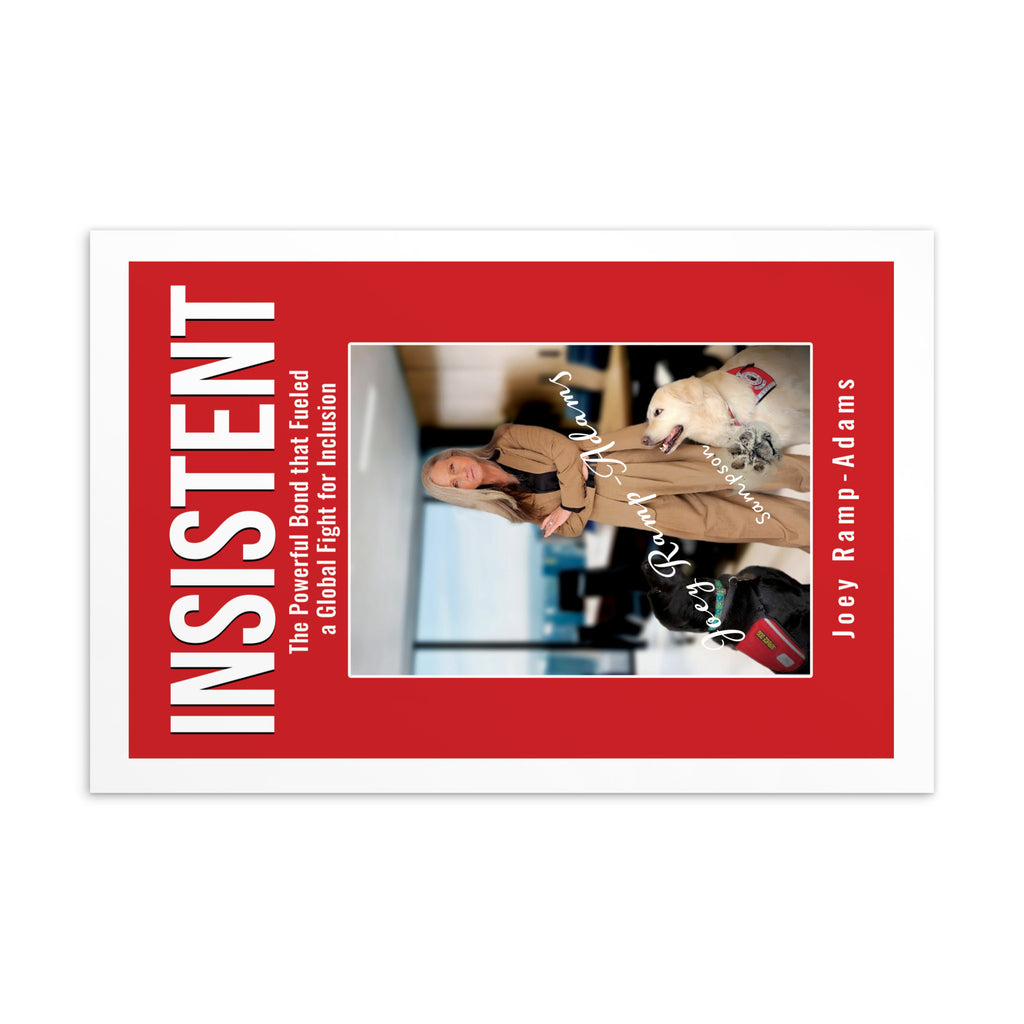 Postcard of the cover of Insistent, signed by Joey Ramp-Adams, and Sampson with a paw print. 