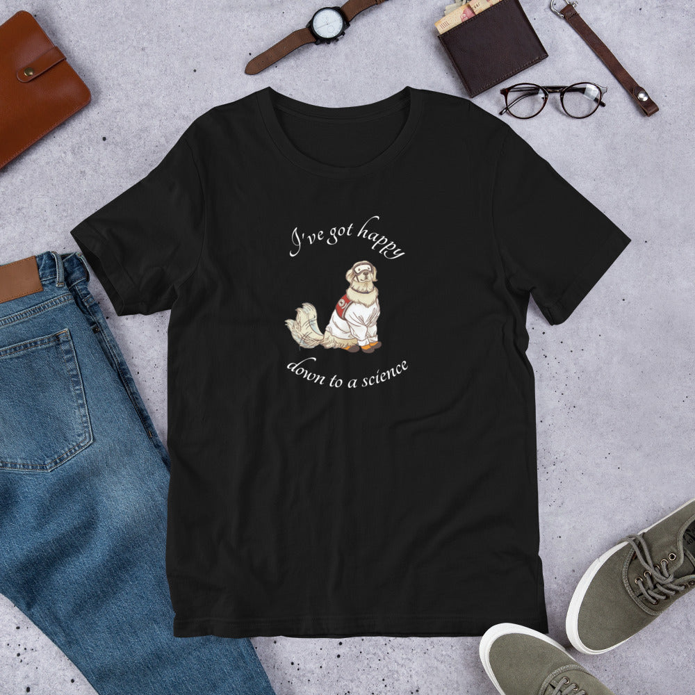 A t-shirt with a cute cartoon Sampson wearing lab gear, and wagging his tail. The shirt says I've got happy down to a science. Black