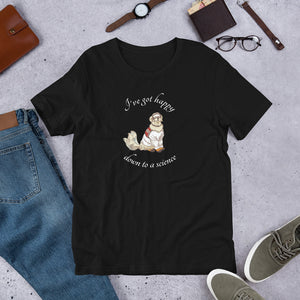 A t-shirt with a cute cartoon Sampson wearing lab gear, and wagging his tail. The shirt says I've got happy down to a science. Black
