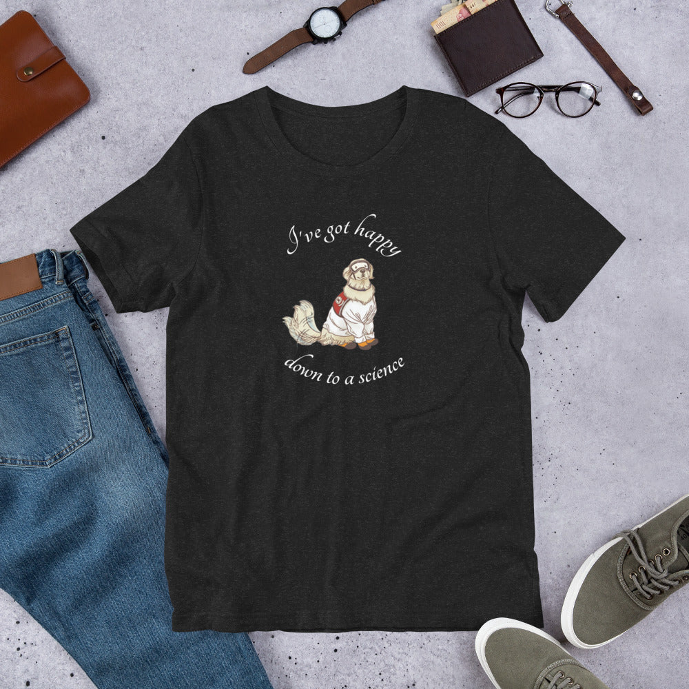 A t-shirt with a cute cartoon Sampson wearing lab gear, and wagging his tail. The shirt says I've got happy down to a science. Gray heather. 