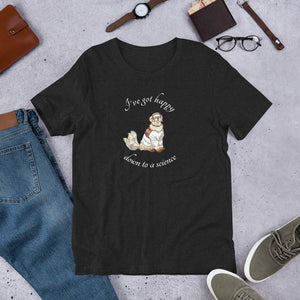 A t-shirt with a cute cartoon Sampson wearing lab gear, and wagging his tail. The shirt says I've got happy down to a science. Gray heather. 