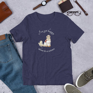 A t-shirt with a cute cartoon Sampson wearing lab gear, and wagging his tail. The shirt says I've got happy down to a science. Navy Blue