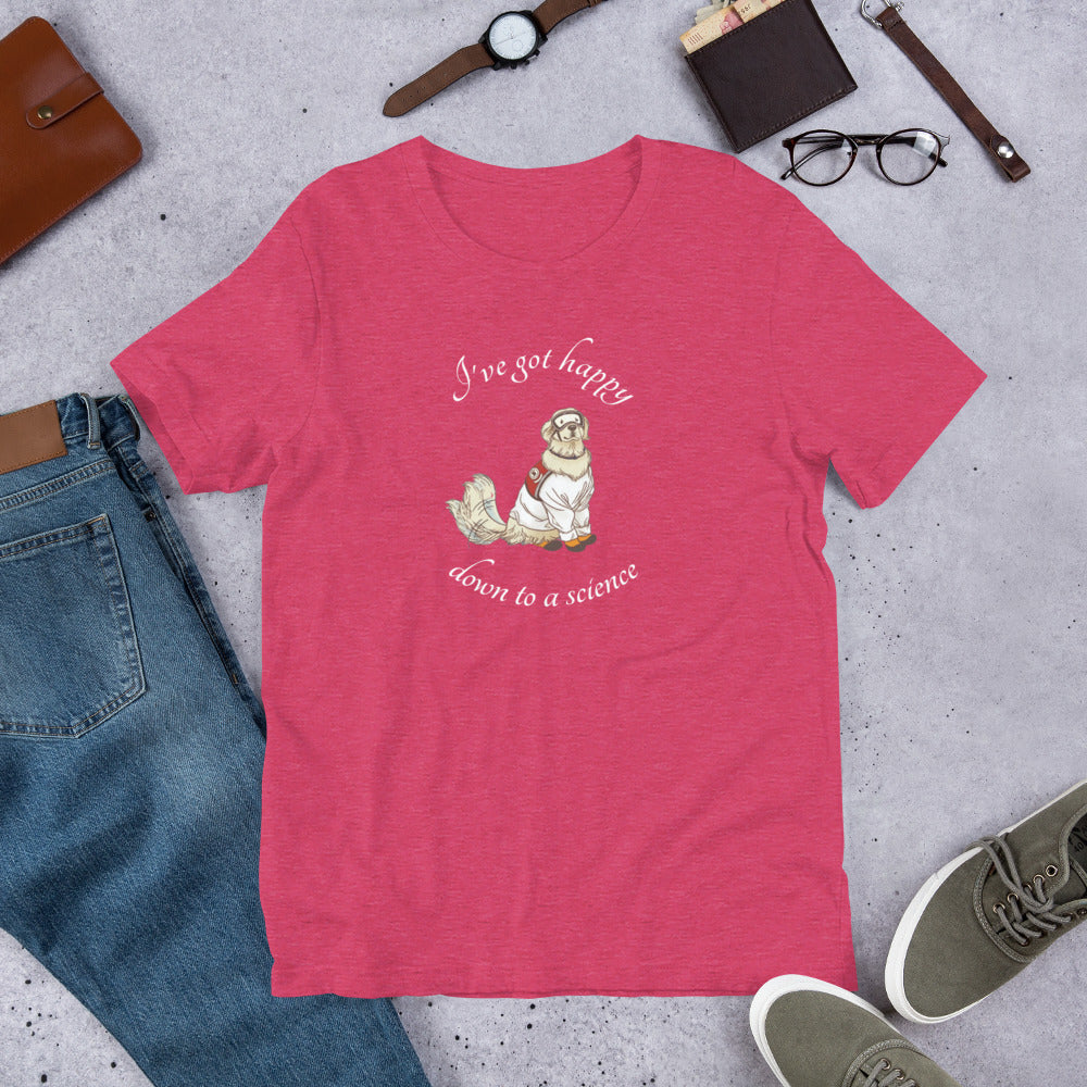 A t-shirt with a cute cartoon Sampson wearing lab gear, and wagging his tail. The shirt says I've got happy down to a science. Bright pink
