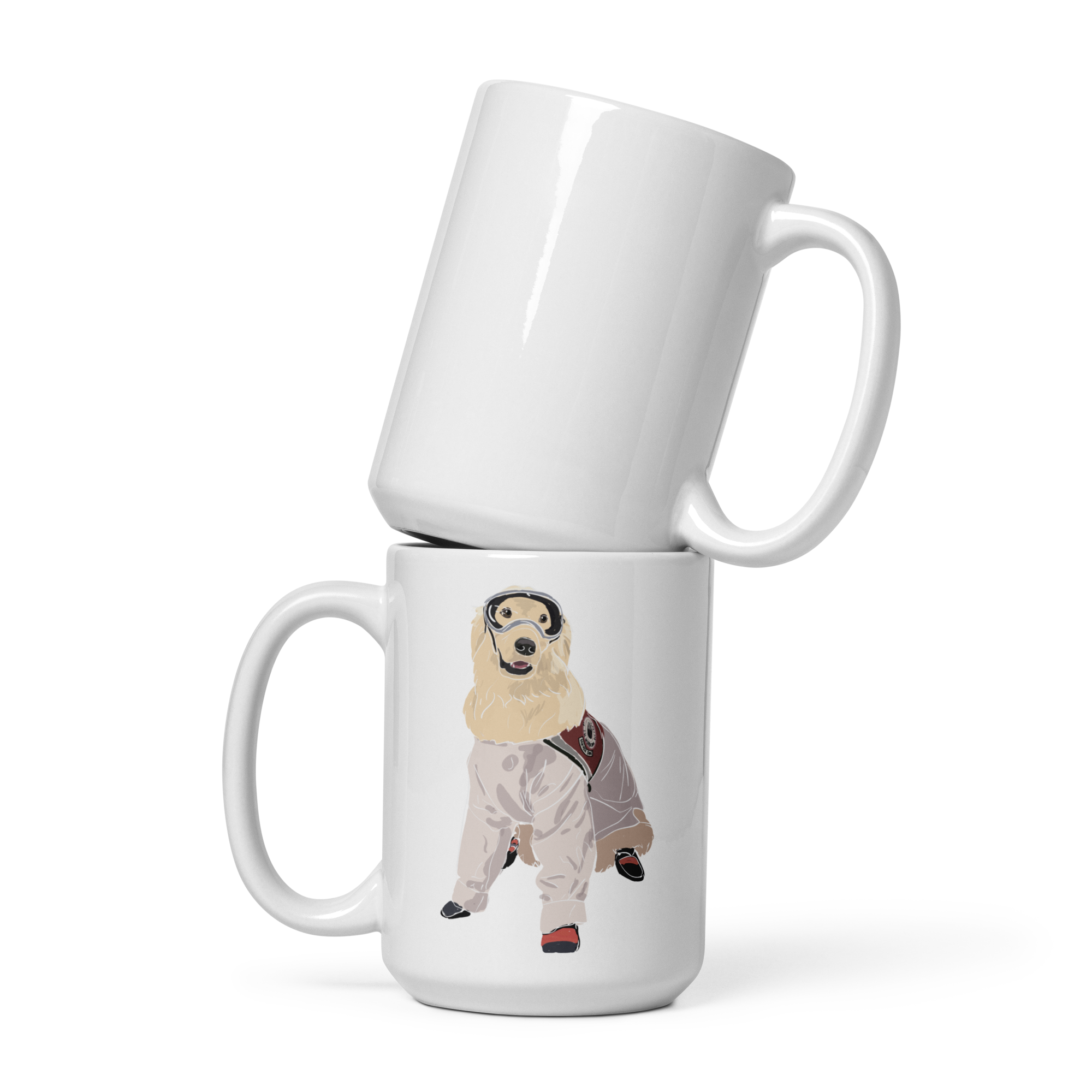 Two white mugs stacked on a white background, with one featuring an illustration of Sampson wearing lab gear.