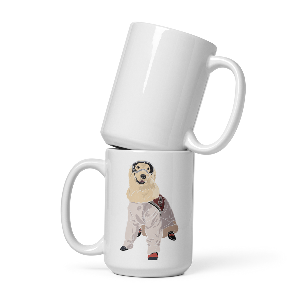Two white mugs stacked on a white background, with one featuring an illustration of Sampson wearing lab gear.