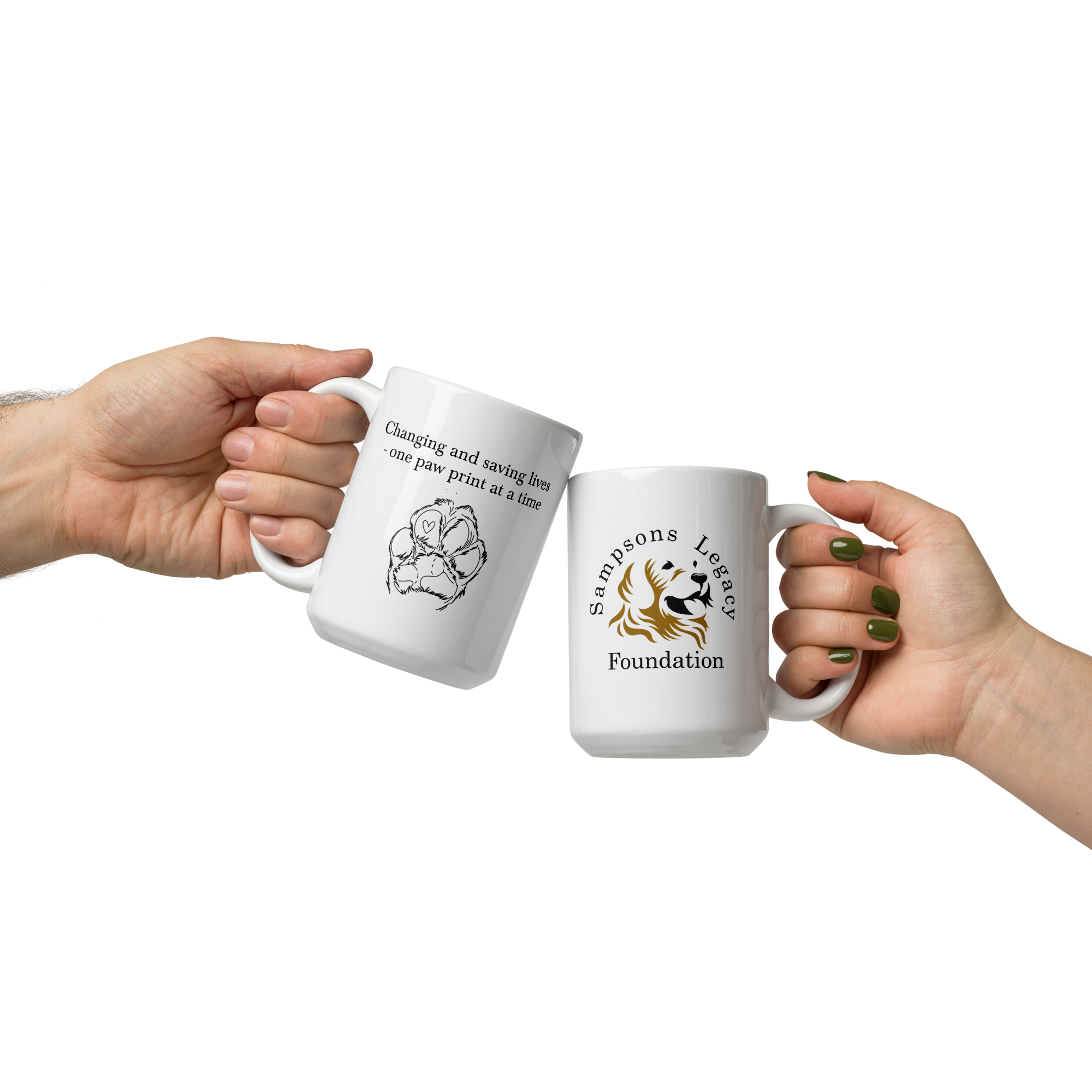 Two hands holding white mugs with logos, front is of Sampsons Legacy Foundation, the back is a paw print that says, Changing and saving lives one paw print at a time and text on a white background